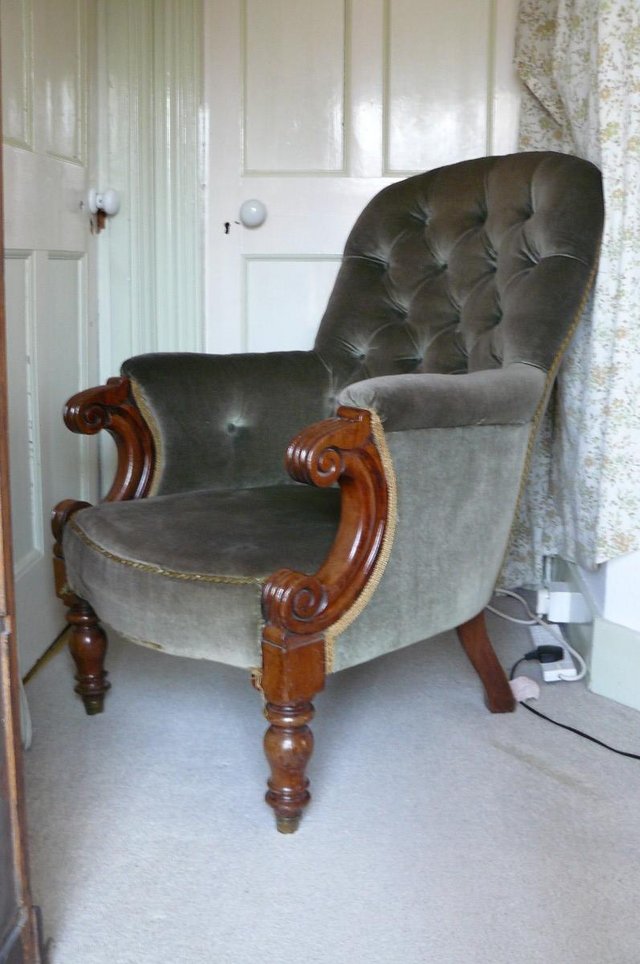 Image 2 of Button back, green velvet and mahogany chair, Victorian.