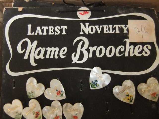 Preview of the first image of badge brooch love sweet heart names A to Z 1950s 60s stock e.