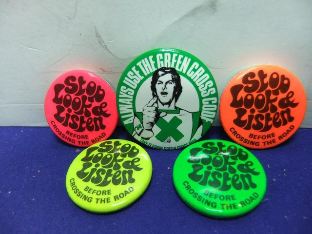 Image 2 of tin badges road safety stop look listen kerb drill green cro