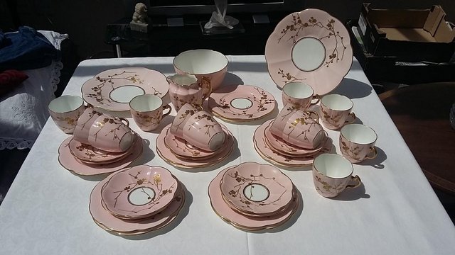 Preview of the first image of Wileman & Co Salmon Pink & Gold Thorn 38 piece China Set.