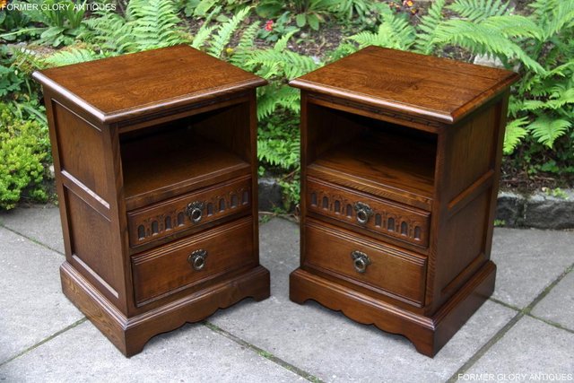 Image 2 of PAIR OF OLD CHARM OAK BEDSIDE CABINETS LAMP TABLE DRAWERS