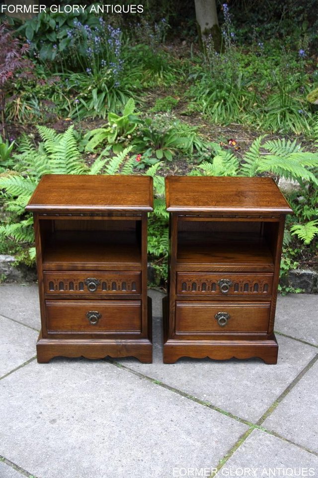 Image 27 of PAIR OF OLD CHARM OAK BEDSIDE CABINETS LAMP TABLE DRAWERS