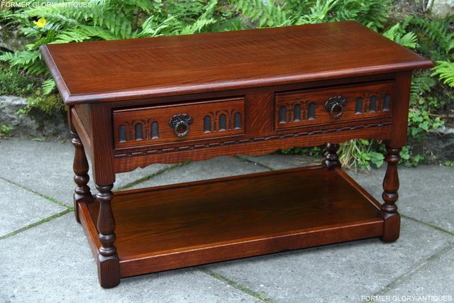 Image 2 of OLD CHARM TUDOR BROWN OAK TWO DRAWER TEA COFFEE TABLE STAND