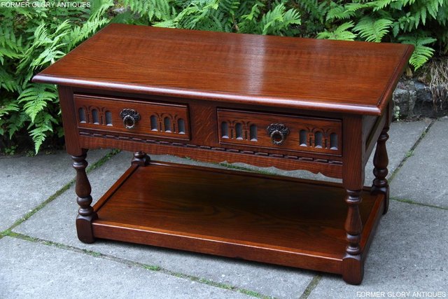 Image 3 of OLD CHARM TUDOR BROWN OAK TWO DRAWER TEA COFFEE TABLE STAND