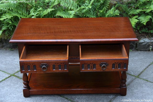 Image 4 of OLD CHARM TUDOR BROWN OAK TWO DRAWER TEA COFFEE TABLE STAND