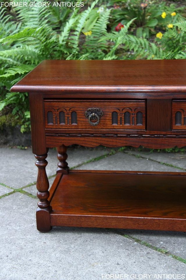 Image 5 of OLD CHARM TUDOR BROWN OAK TWO DRAWER TEA COFFEE TABLE STAND