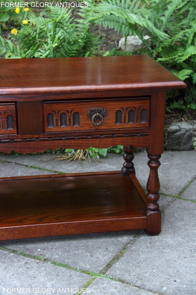 Image 6 of OLD CHARM TUDOR BROWN OAK TWO DRAWER TEA COFFEE TABLE STAND