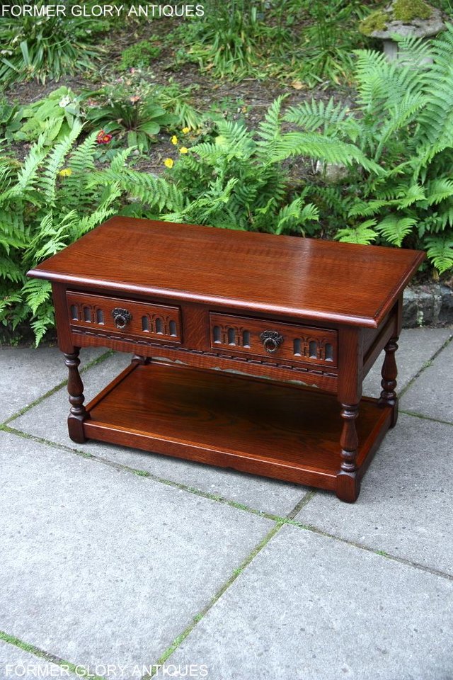 Image 8 of OLD CHARM TUDOR BROWN OAK TWO DRAWER TEA COFFEE TABLE STAND