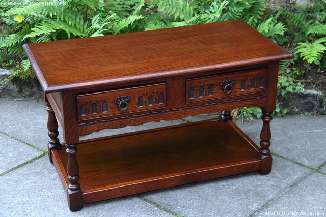 Image 9 of OLD CHARM TUDOR BROWN OAK TWO DRAWER TEA COFFEE TABLE STAND