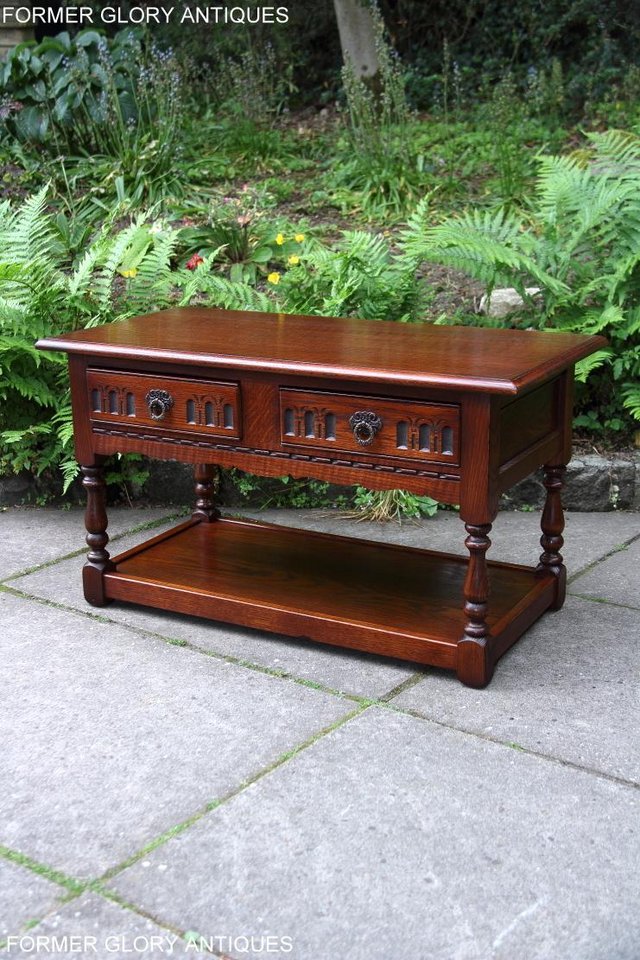 Image 10 of OLD CHARM TUDOR BROWN OAK TWO DRAWER TEA COFFEE TABLE STAND