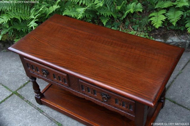 Image 11 of OLD CHARM TUDOR BROWN OAK TWO DRAWER TEA COFFEE TABLE STAND