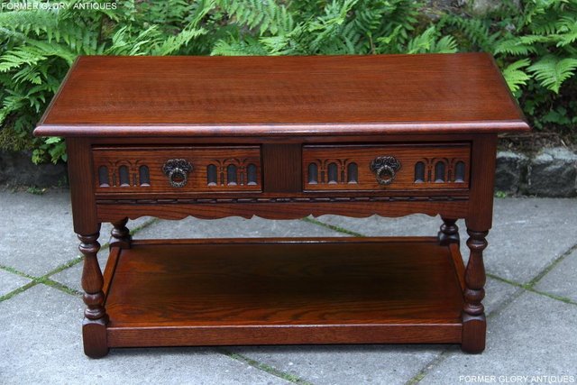 Image 13 of OLD CHARM TUDOR BROWN OAK TWO DRAWER TEA COFFEE TABLE STAND