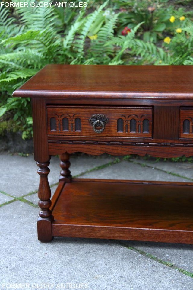 Image 18 of OLD CHARM TUDOR BROWN OAK TWO DRAWER TEA COFFEE TABLE STAND