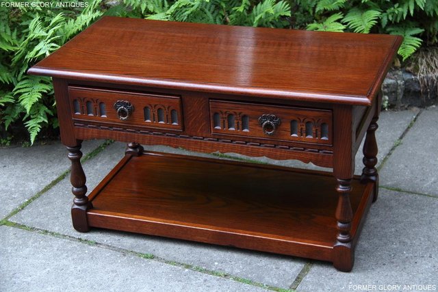 Image 20 of OLD CHARM TUDOR BROWN OAK TWO DRAWER TEA COFFEE TABLE STAND