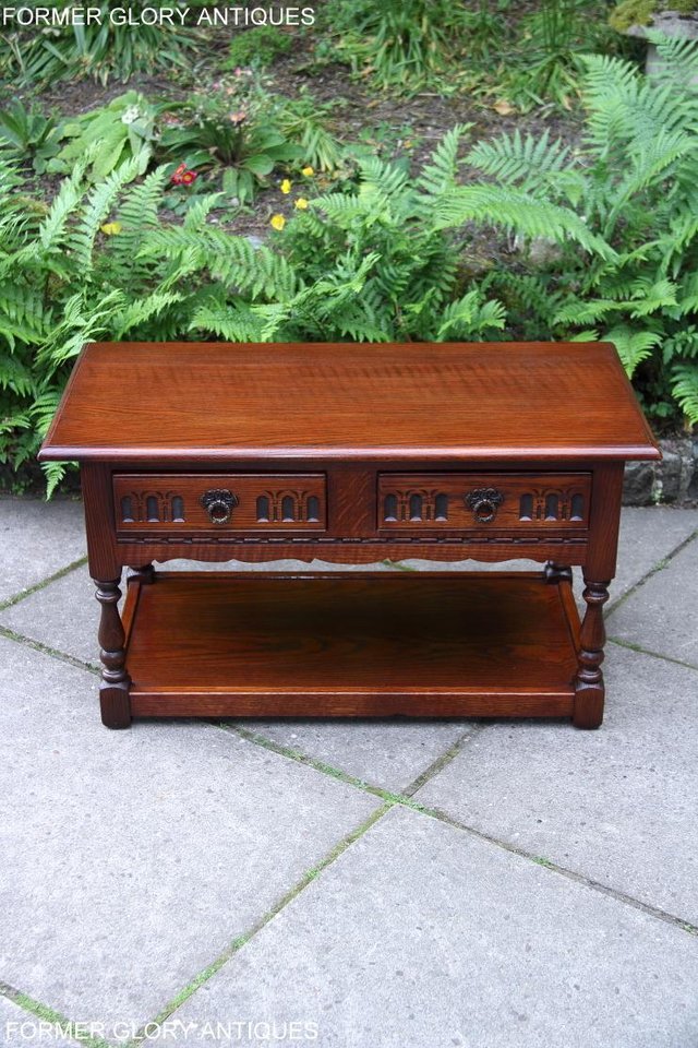 Image 24 of OLD CHARM TUDOR BROWN OAK TWO DRAWER TEA COFFEE TABLE STAND