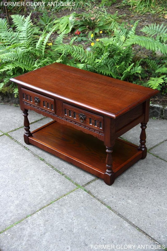 Image 30 of OLD CHARM TUDOR BROWN OAK TWO DRAWER TEA COFFEE TABLE STAND