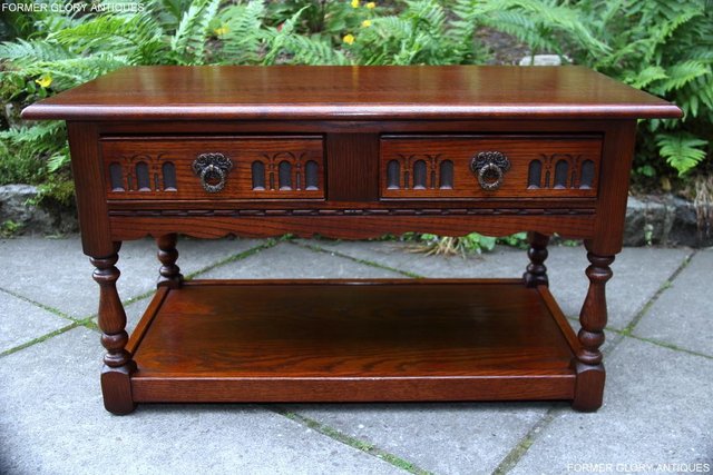 Image 34 of OLD CHARM TUDOR BROWN OAK TWO DRAWER TEA COFFEE TABLE STAND