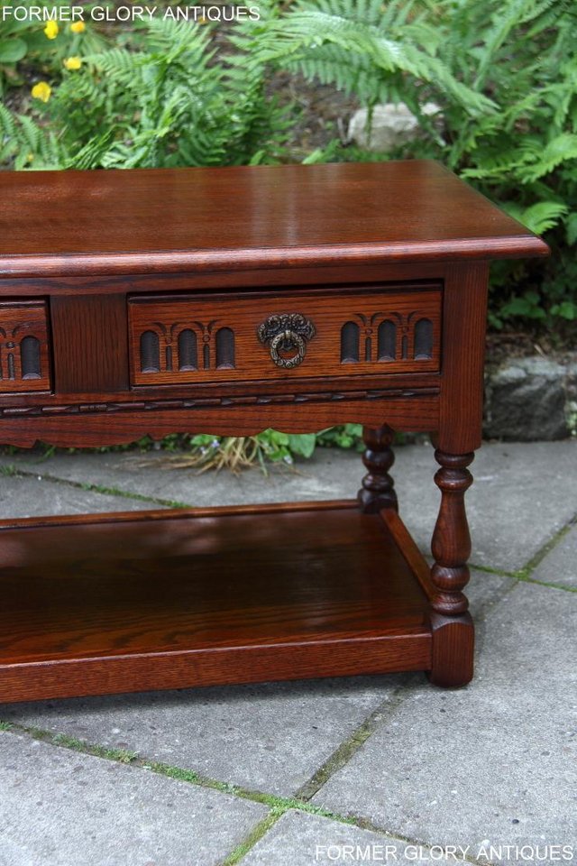 Image 40 of OLD CHARM TUDOR BROWN OAK TWO DRAWER TEA COFFEE TABLE STAND