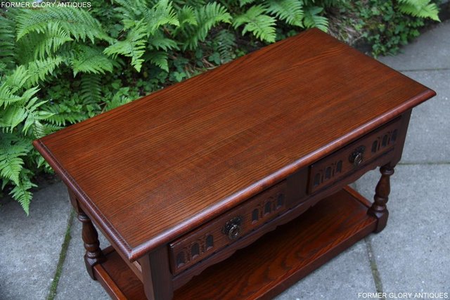 Image 41 of OLD CHARM TUDOR BROWN OAK TWO DRAWER TEA COFFEE TABLE STAND