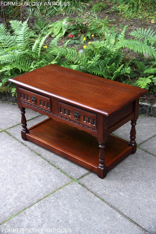 Image 43 of OLD CHARM TUDOR BROWN OAK TWO DRAWER TEA COFFEE TABLE STAND