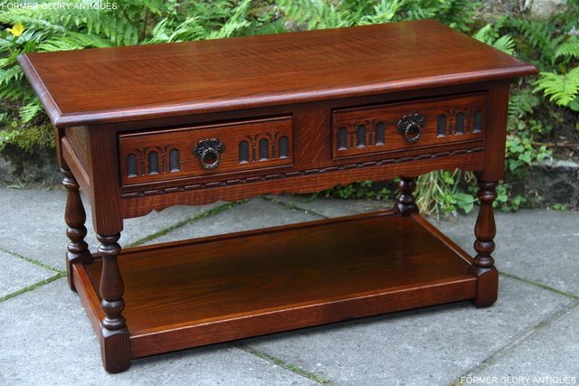 Image 47 of OLD CHARM TUDOR BROWN OAK TWO DRAWER TEA COFFEE TABLE STAND