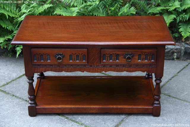 Image 48 of OLD CHARM TUDOR BROWN OAK TWO DRAWER TEA COFFEE TABLE STAND
