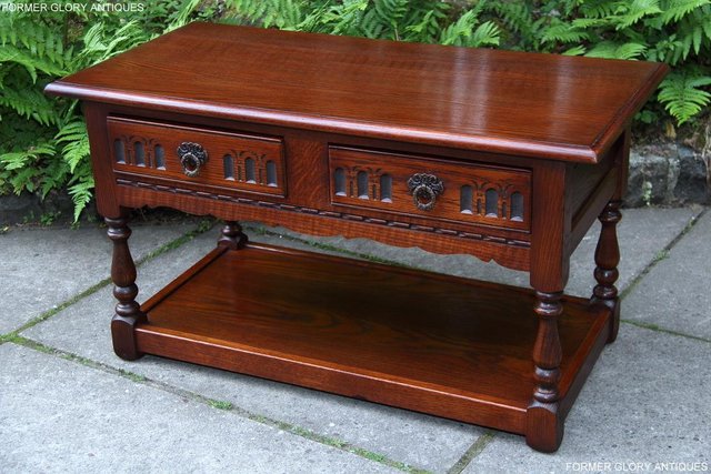 Image 51 of OLD CHARM TUDOR BROWN OAK TWO DRAWER TEA COFFEE TABLE STAND