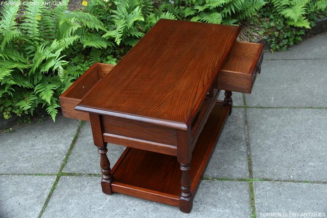 Image 52 of OLD CHARM TUDOR BROWN OAK TWO DRAWER TEA COFFEE TABLE STAND