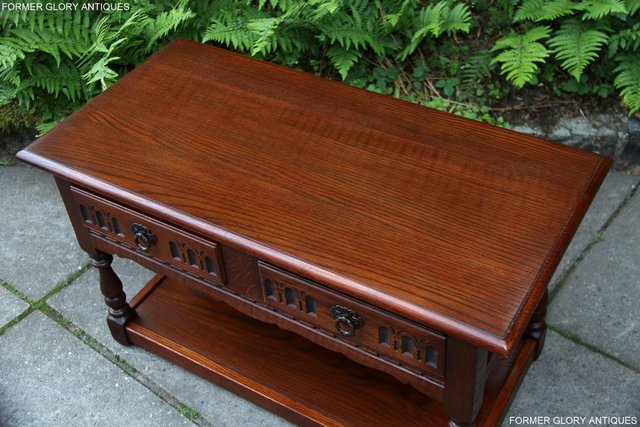 Image 63 of OLD CHARM TUDOR BROWN OAK TWO DRAWER TEA COFFEE TABLE STAND