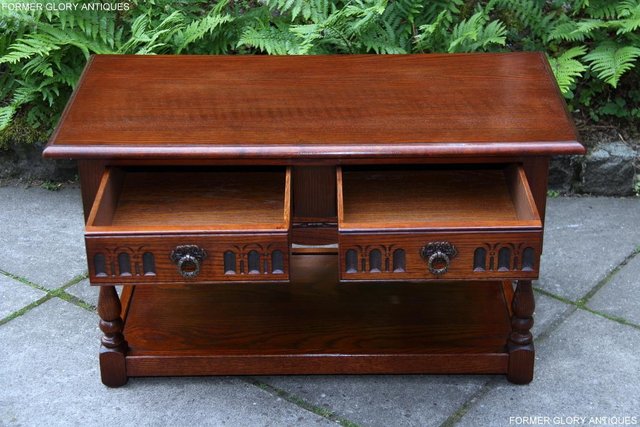 Image 65 of OLD CHARM TUDOR BROWN OAK TWO DRAWER TEA COFFEE TABLE STAND