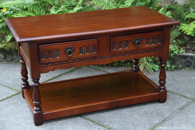 Image 68 of OLD CHARM TUDOR BROWN OAK TWO DRAWER TEA COFFEE TABLE STAND