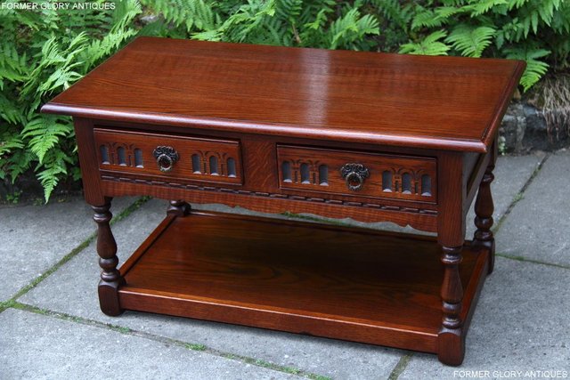Image 69 of OLD CHARM TUDOR BROWN OAK TWO DRAWER TEA COFFEE TABLE STAND