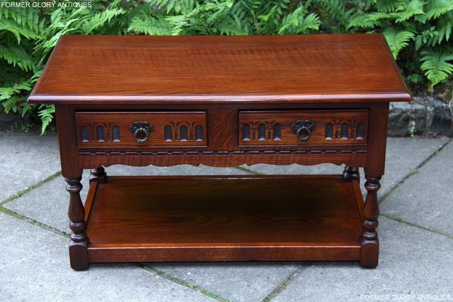 Image 82 of OLD CHARM TUDOR BROWN OAK TWO DRAWER TEA COFFEE TABLE STAND
