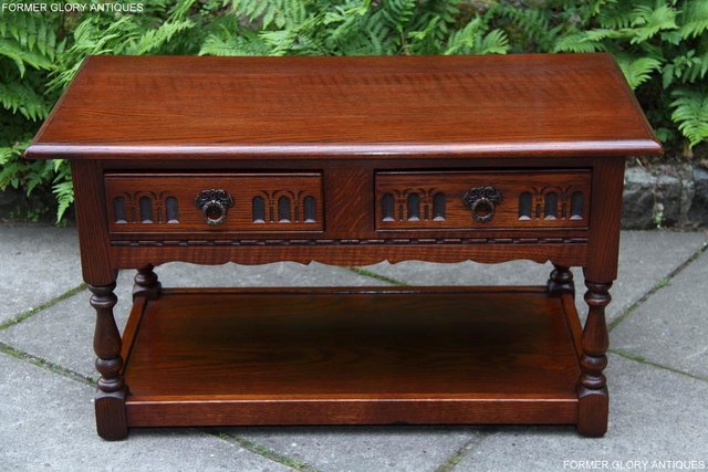 Image 87 of OLD CHARM TUDOR BROWN OAK TWO DRAWER TEA COFFEE TABLE STAND