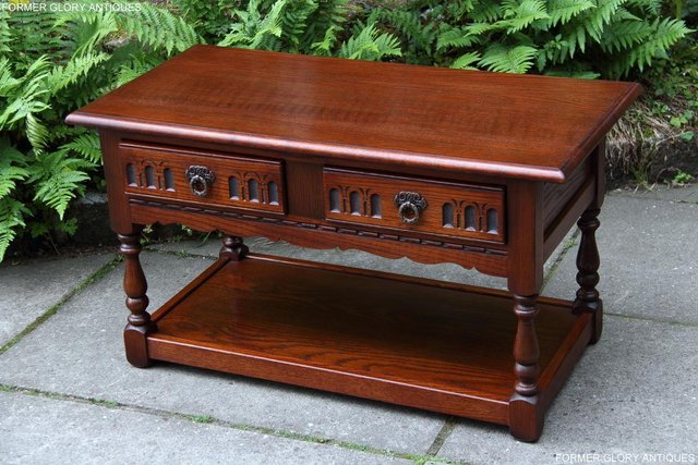 Image 92 of OLD CHARM TUDOR BROWN OAK TWO DRAWER TEA COFFEE TABLE STAND