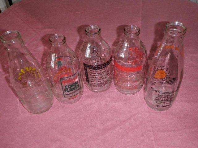 Image 2 of Five Decorative Pint Glass Milk Bottles