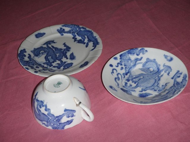 Image 2 of Blue and white cup saucer and plate with dragon design