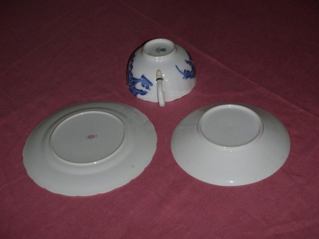 Image 3 of Blue and white cup saucer and plate with dragon design