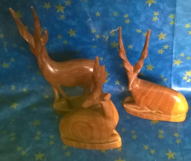 Preview of the first image of 3 Vintage Wooden Deer Stag Hand Carved Retro Ornament.