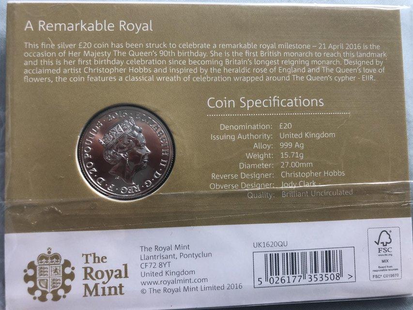 Image 2 of 2016 The 90th Birthday of Her Majesty the Queen £20 coin