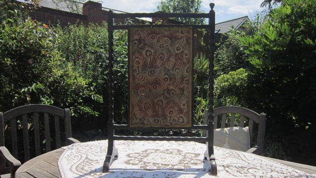 Image 2 of Antique fire screen stained oak  inner fabric inset