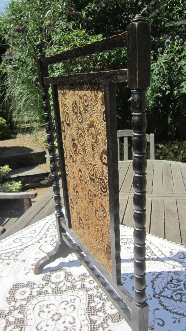 Image 3 of Antique fire screen stained oak  inner fabric inset