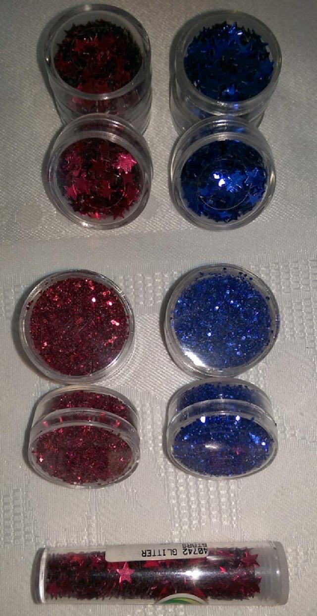 Preview of the first image of Craft glitter pots & foil shapes in red & blue, all unused.