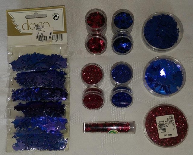 Image 2 of Craft glitter pots & foil shapes in red & blue, all unused
