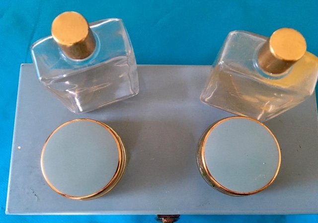 Image 2 of Vintage blue glass & enamel perfume grooming travel vanity s
