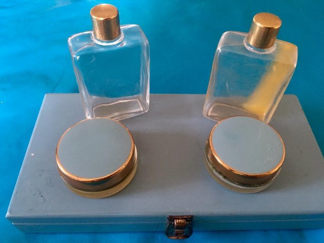 Image 3 of Vintage blue glass & enamel perfume grooming travel vanity s