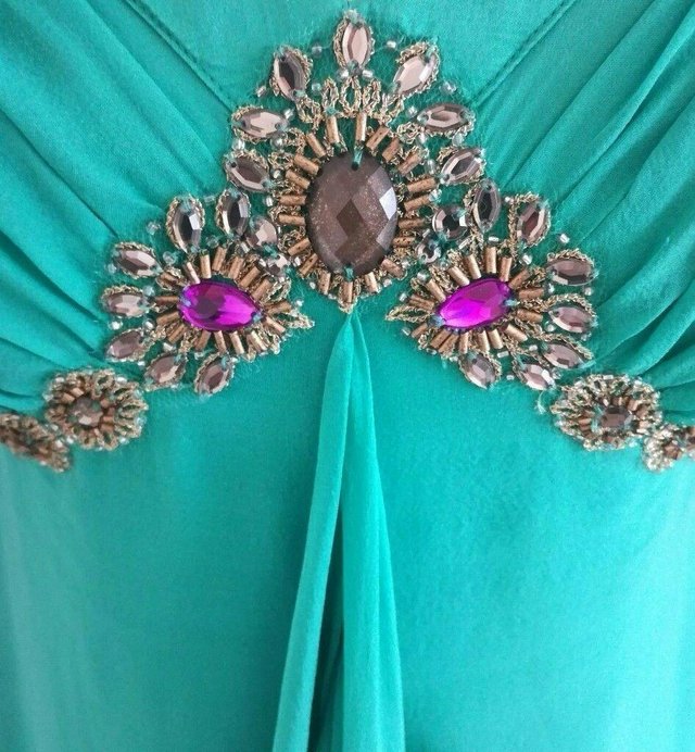 Image 2 of MONSOON SILK DRESS Jade Turquoise Bead Diamante Strappy 10