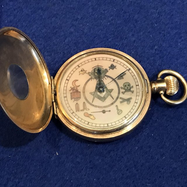 Preview of the first image of Masonic half hunter gold plated pocket watch and chain.