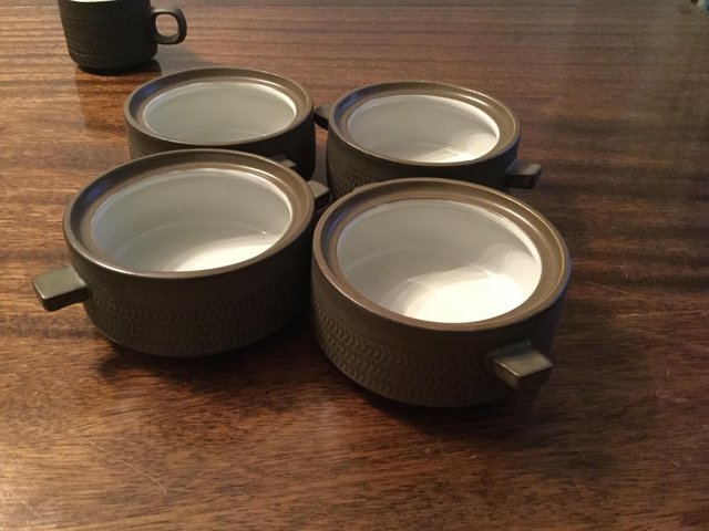 Preview of the first image of Vintage Denby Chevron 4 soup/fruit bowls.