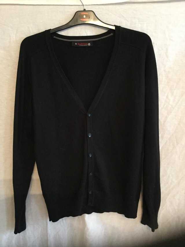 Preview of the first image of Black fine knit Burton cardigan.